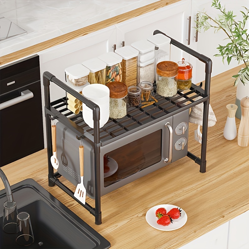 multifunctional double layer kitchen storage rack with 4 hooks adjustable plastic microwave rack open storage rack suitable for countertops and cabinets no   kitchen utensil rack details 2