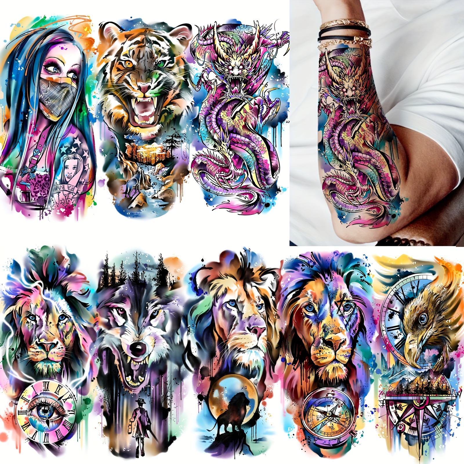 

8-piece Vibrant Temporary Tattoos For Men & Women - Realistic Wolf, Lion, Dragon & Eagle Designs | Waterproof Body Art Stickers For Arms, Legs & More Tattoo Accessories Accessories Tattoos