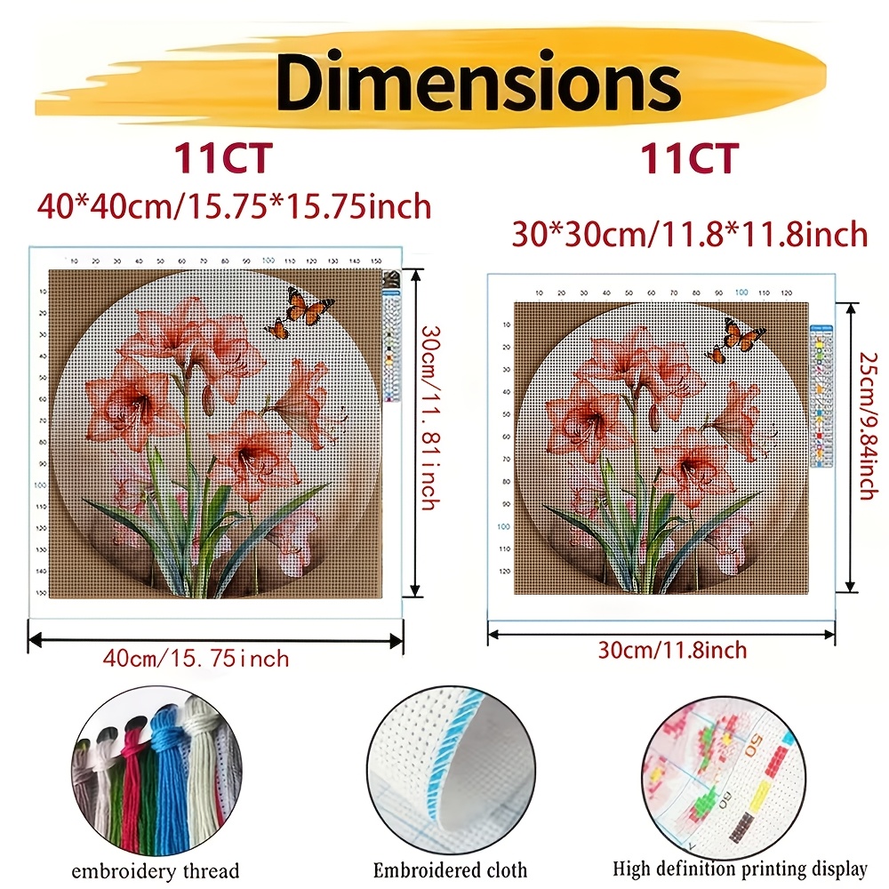 New Cross Stitch Printed Kit, Frameless, "Round Frame Floral Butterfly" Pattern