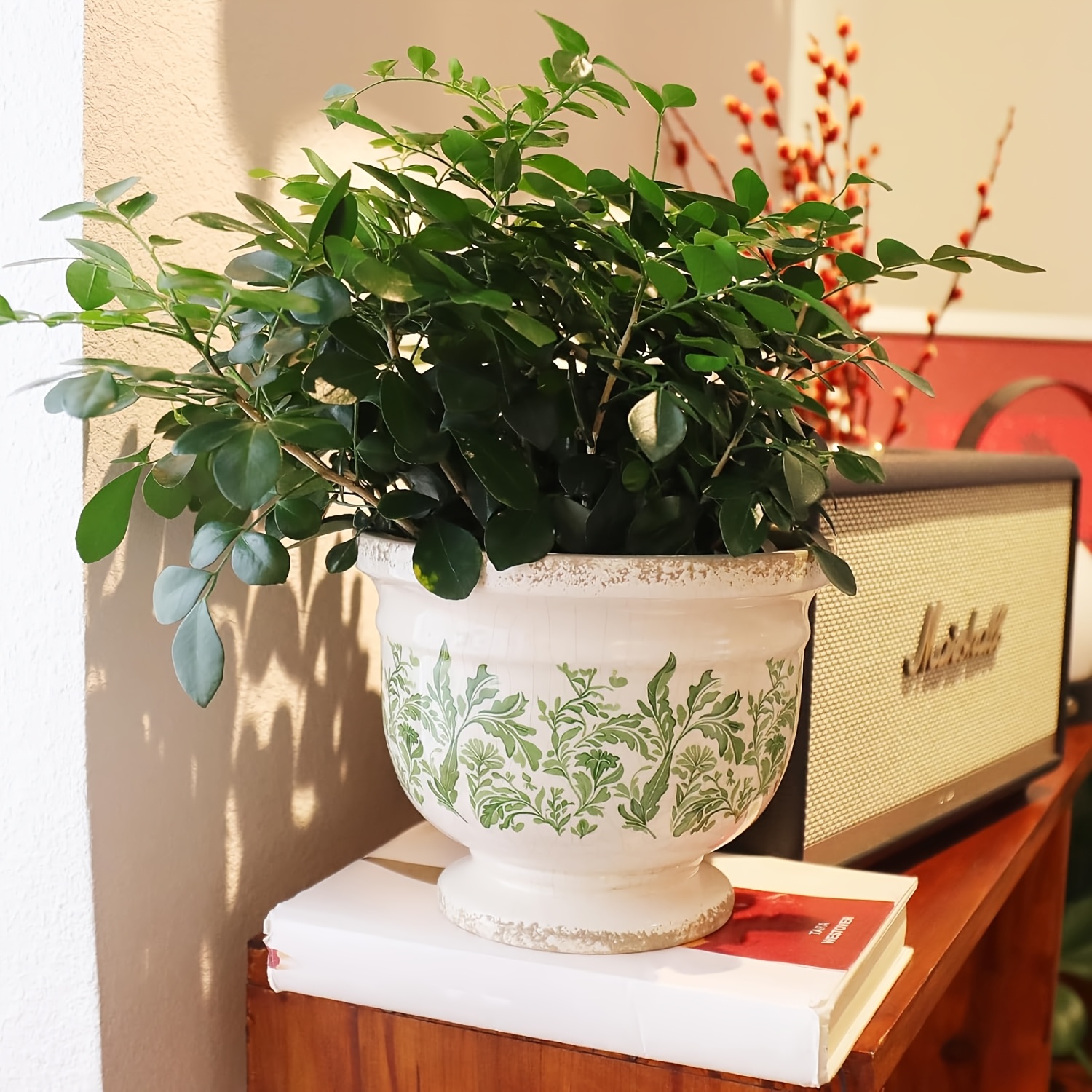 TEMU Pot de fleurs vintage en céramique avec drainage, grand pot de fleurs de 17,3 cm (6,8 pouces) avec glaçure craquelée et motif floral de feuilles