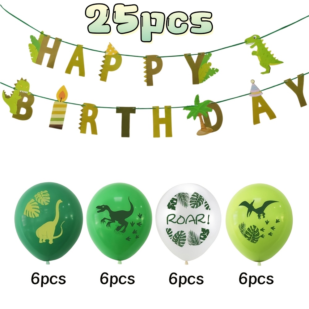 TEMU Ensemble de décorations de fête d'anniversaire dinosaure vert, ballons en latex à motif de dinosaure avec bannière " Anniversaire Dinosaure",