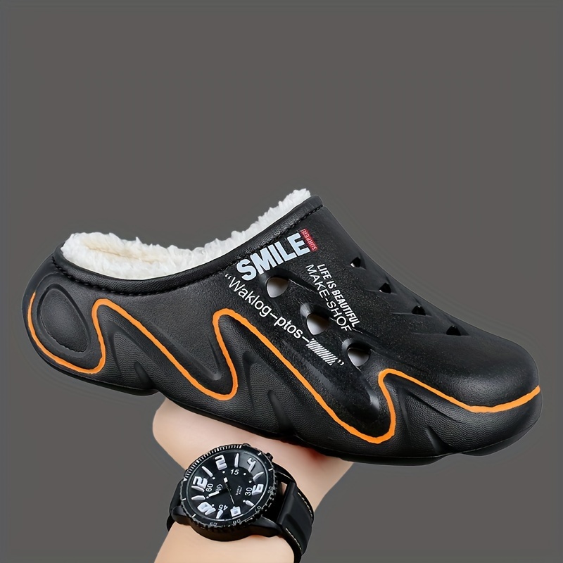Men's Winter Clogs with Fleece Lining - Warm, High Quality, Non-Slip EVA Sole, Black & Orange Design, Indoor/Outdoor Use, Large Size Options, Indoor Footwear | Casual Slipon | Durable Traction Footwear