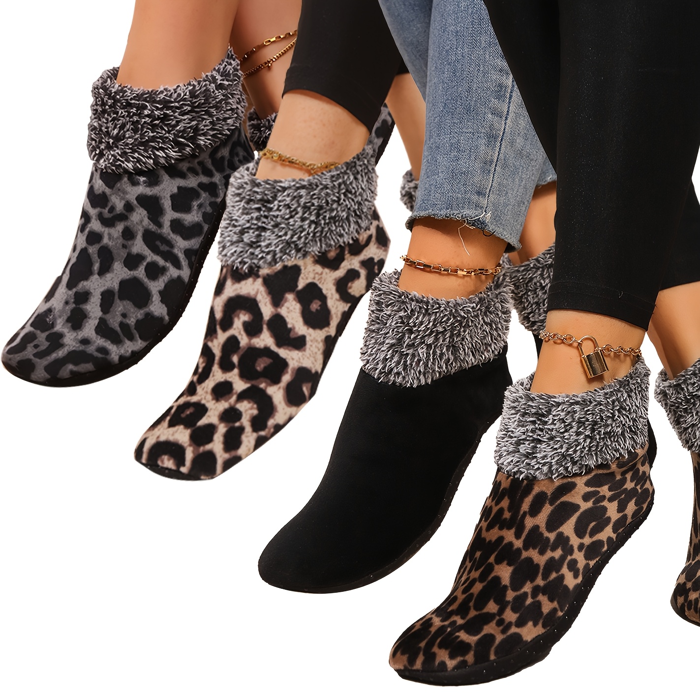 TEMU 4 Pairs Women's Socks, Indoor Leopard Print Slipper Socks