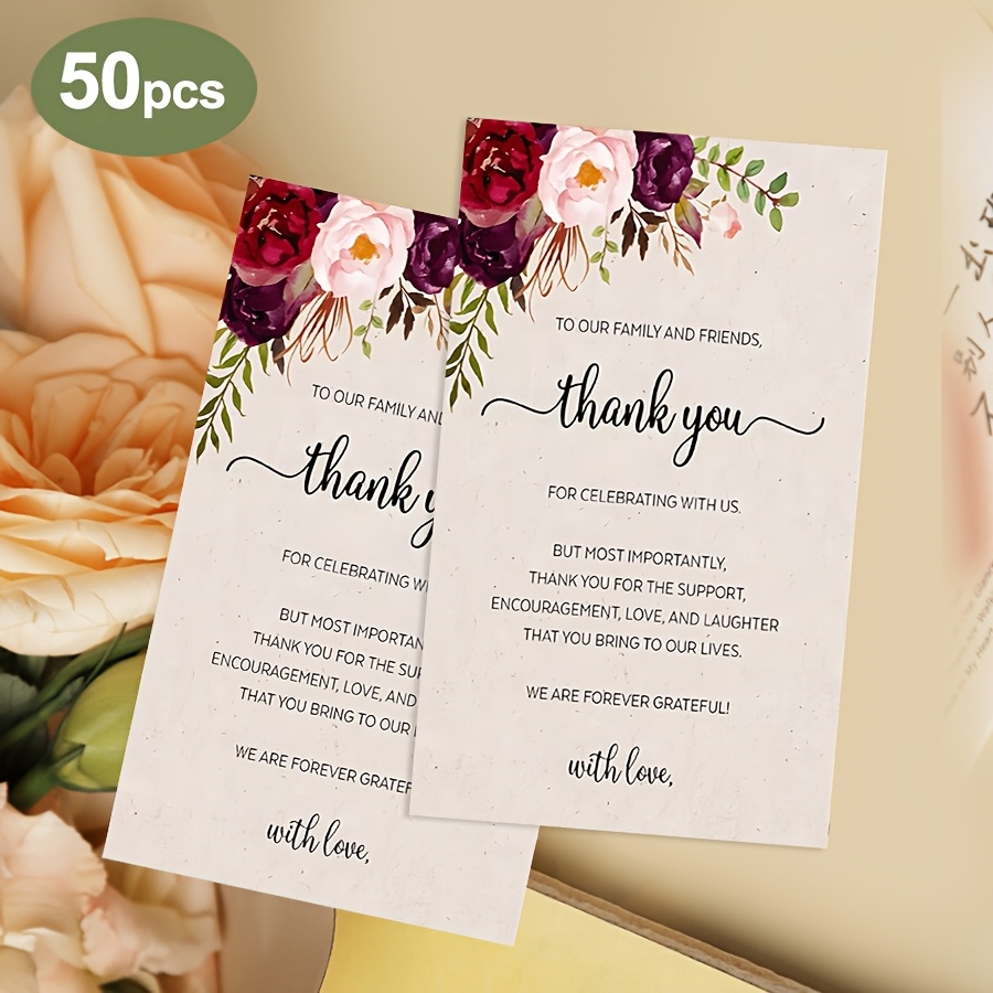 TEMU 50pcs Vintage Burgundy Floral Wedding Thank You Cards Double-sided Blank Hand-writing Message Appreciation Cards Wedding Favors Small Cards