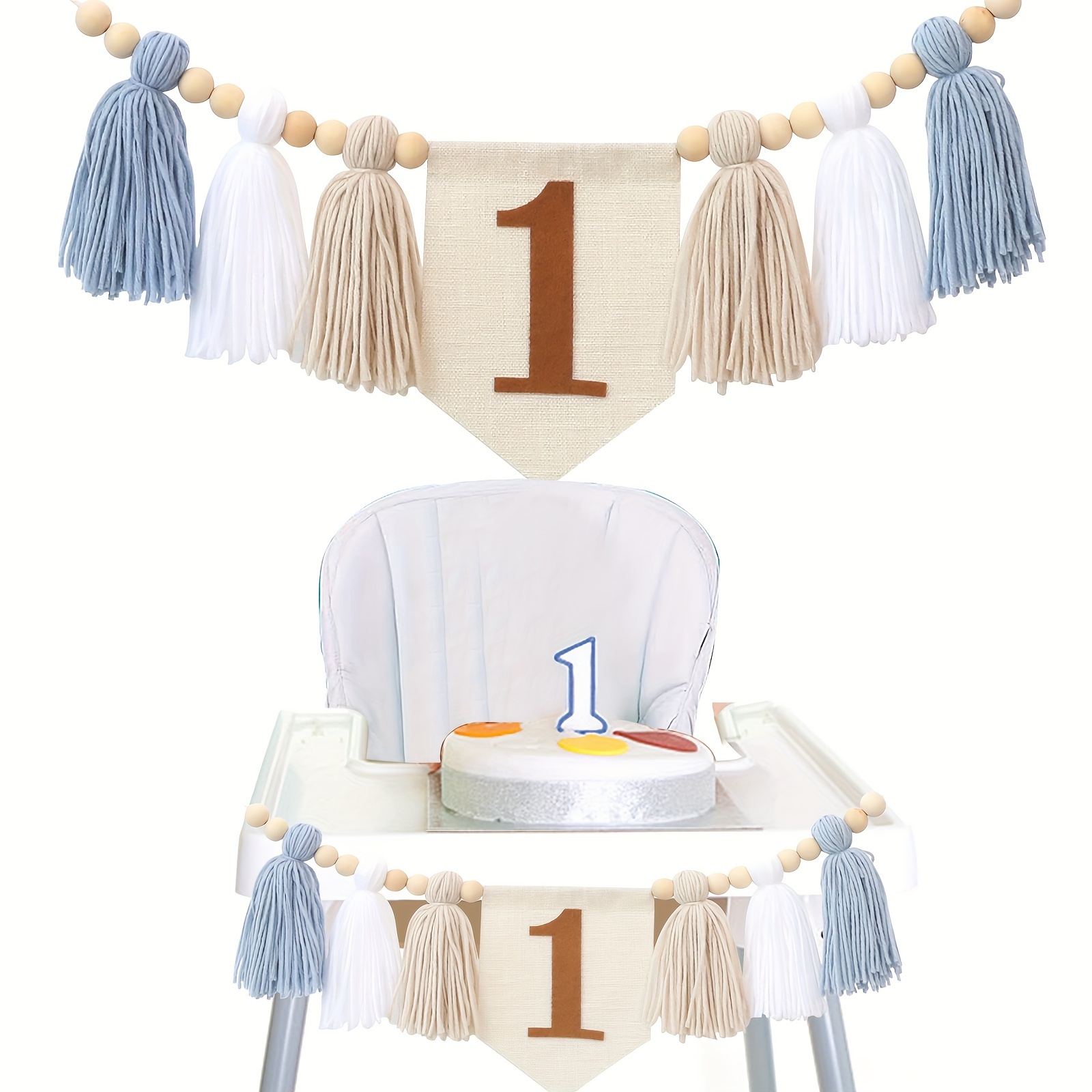 

Handcrafted Boho Chic Tassel Garland Banner In Blue, White & Khaki - Perfect For Birthday Parties, High Chair Decorations & Room Accents