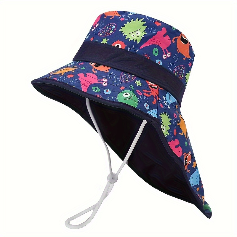 1pc Kids Cartoon Dinosaur Print Cotton Fishing Hat, UV Protection Wide Brim Adjustable Chin Strap Bucket Suitable for Outdoor Summer Wear,Temu