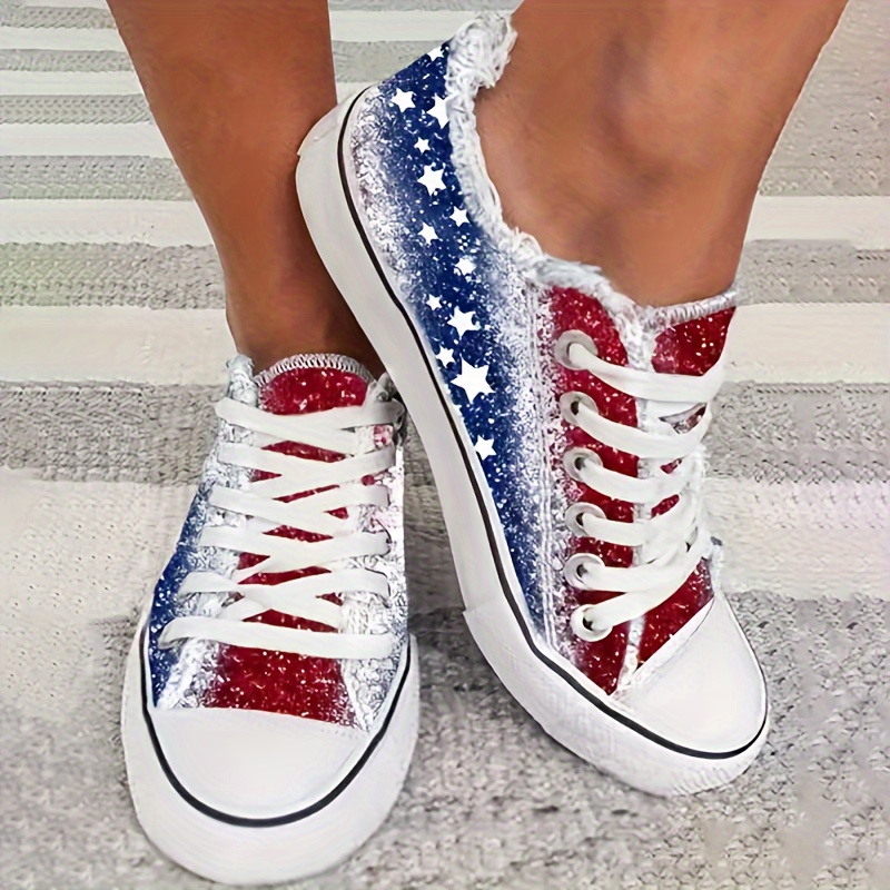 

Women's American Flag Canvas Sneakers, Stars & Stripes Low-top Shoes, Casual Footwear For Independency Holidays Summer Casual Shoes For Independence Day