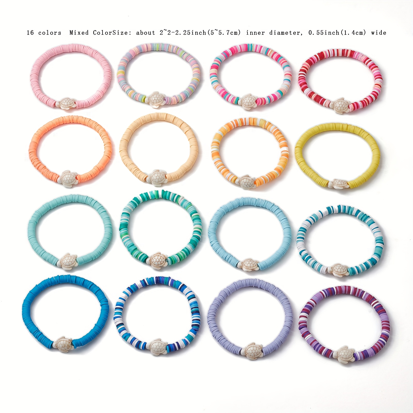 16pcs/set Handmade Polymer Clay Beaded Stretch Bracelets For Women - Stackable Beach Turtle Design, Mixed Pastel Colors, Soft & Durable Jewelry, Style