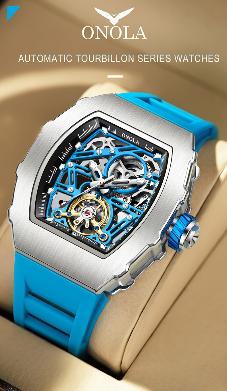 3854 hollow skeleton automatic watch men blue silvery - Temu