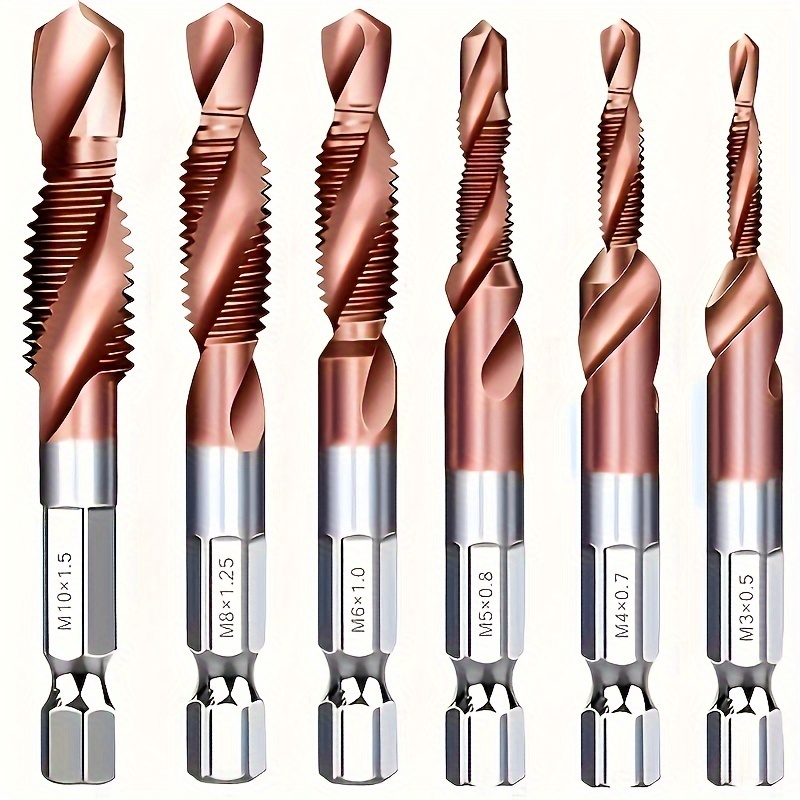 

6pcs Cobalt Hss Drill & Tap Set With Countersink And Deburr - Metric Sizes M3 To M10, 1/4" Hex Shank