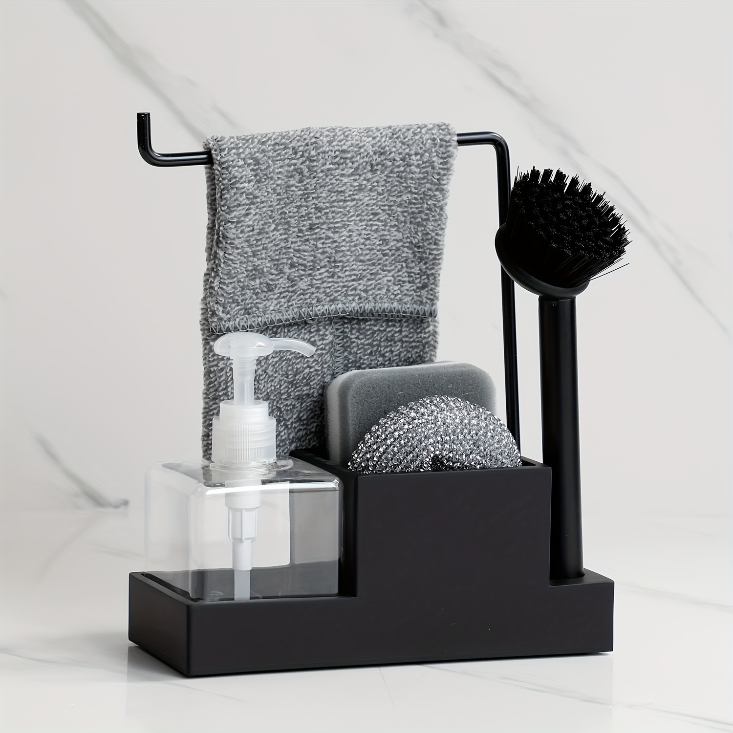 Image of Halloween Gifts: 6pcs Kitchen Storage Rack Set Including Cloth Holder, Soap Dispenser, Sponge Storage, Cleaning Balls, Brushes, And Sink Organizer