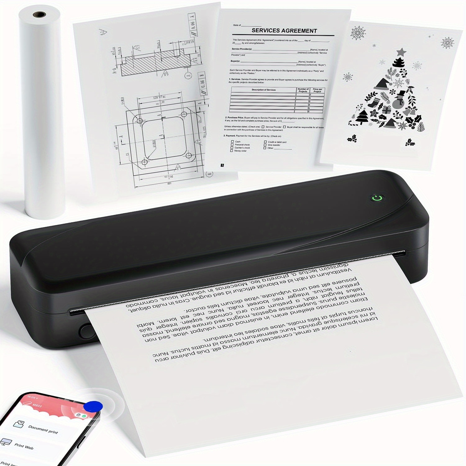 Portable Thermal Printer - Wireless Inkless Printer For Phone & Laptop With Carrying Case