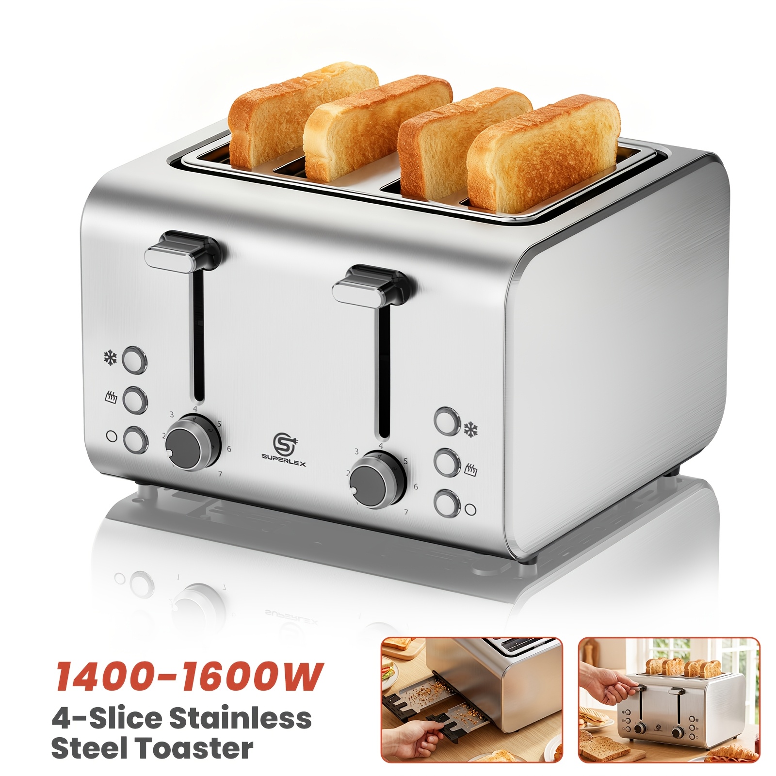 TEMU Superlex 4 Toaster, 1600w Stainless Steel Electric Bread Toaster With 7 Browning Settings, Cancel, , For Bread Types With Indicator Lights, Cord