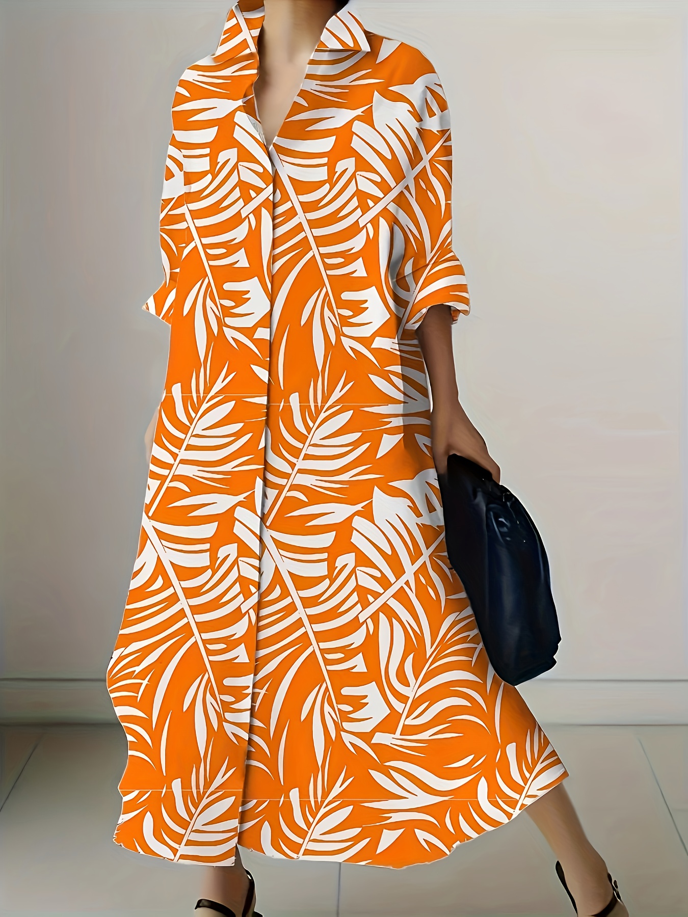 plus size print button front shirt dress elegant long sleeve - Temu