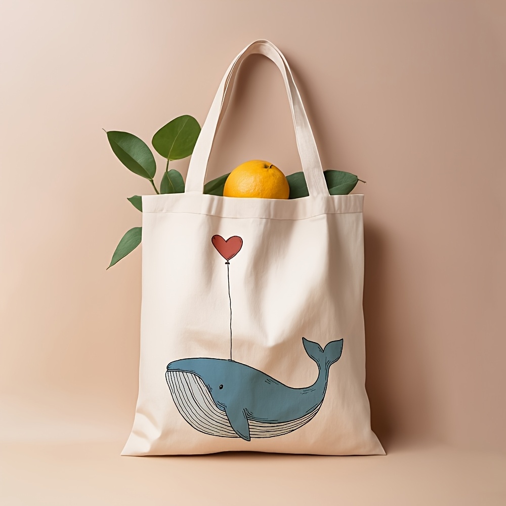 TEMU 1pc Cute Whale Tote Bag Suitable For Ocean Lovers, Lightweight Shoulder Bag With Line Print & Heart Balloon, Carrier For Daily Commute,, Travel,