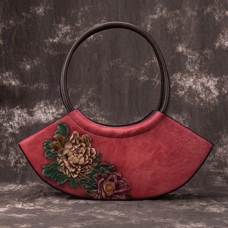 Vintage Floral Genuine Leather Handbag for Women - Lightweight Top-Handle Messenger Bag with Lace Embellishment, Adjustable Strap, Zipper Closure, from Guangzhou - Elegant Occasion with Positioning Printing And Paint