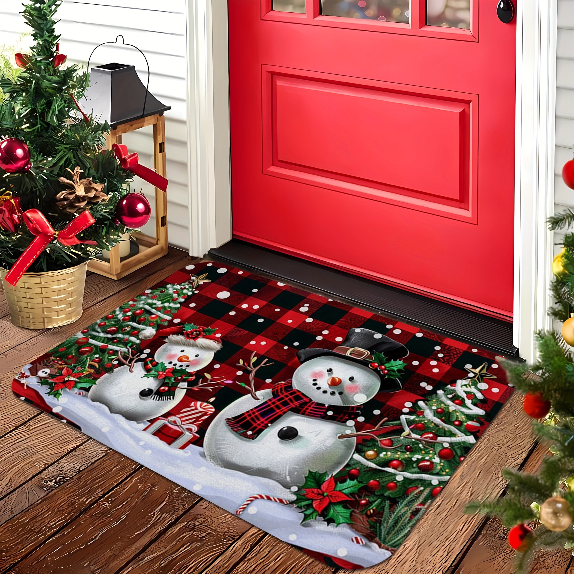 

Christmas - Red Snowman & , Non-slip, Easy Clean, Stain Resistant, Machine Washable Flannel Door Rug For Home Decor - Bathroom, Living Room, Bedroom, Kitchen, Office