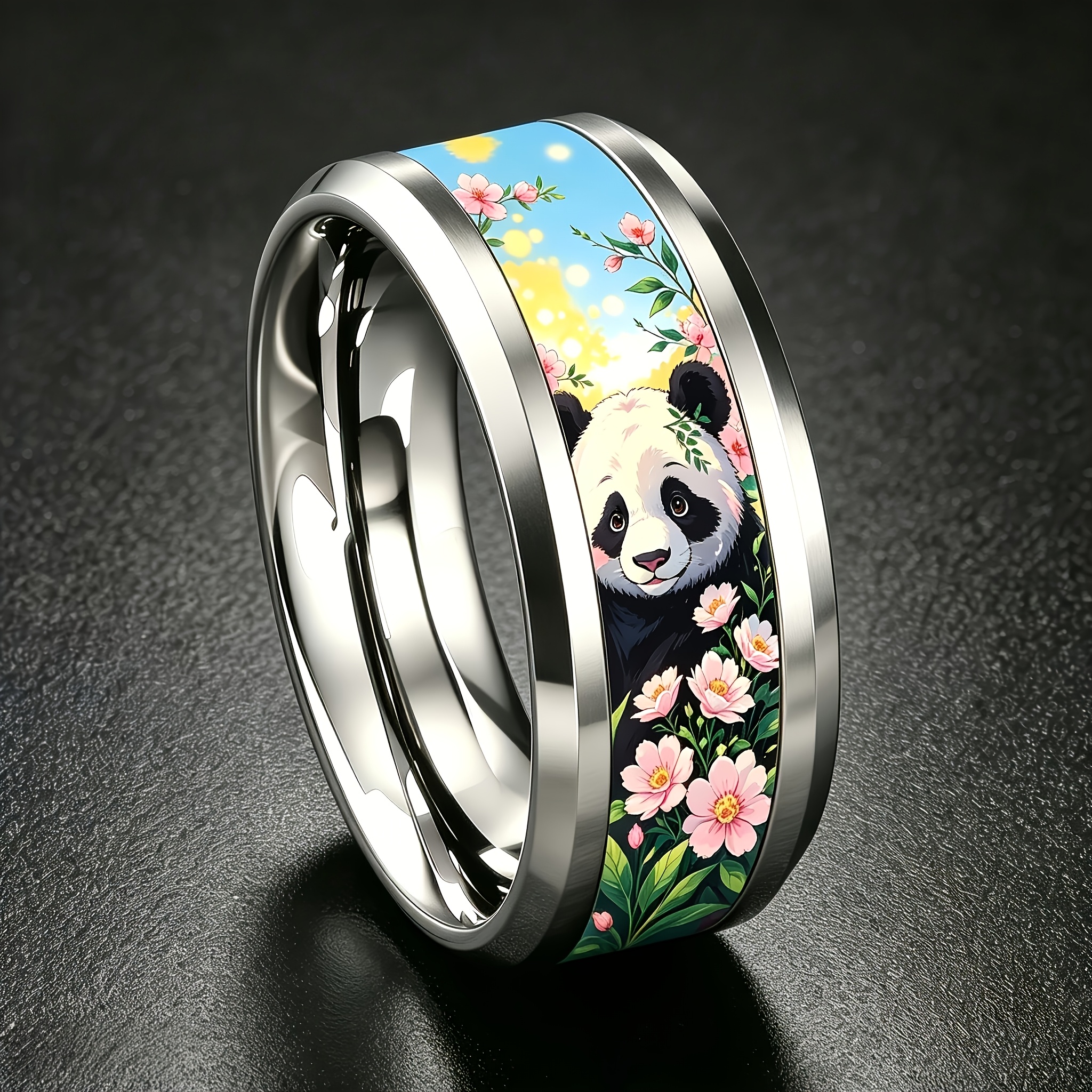 Spring Bloom Panda Printed 304 Stainless Steel Ring, 8mm