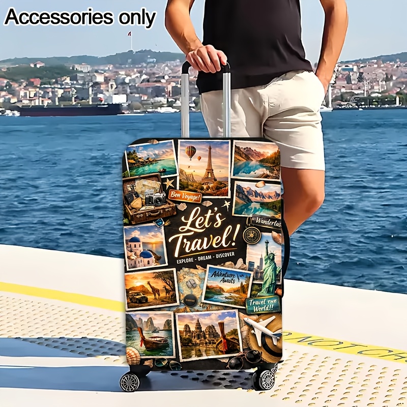 TEMU Essentials For Travel, Vibrant Travel Photo Collage Pattern With Landmarks And Adventure Slogans, Luggage Cover, Reusable Luggage Cover, Elastic