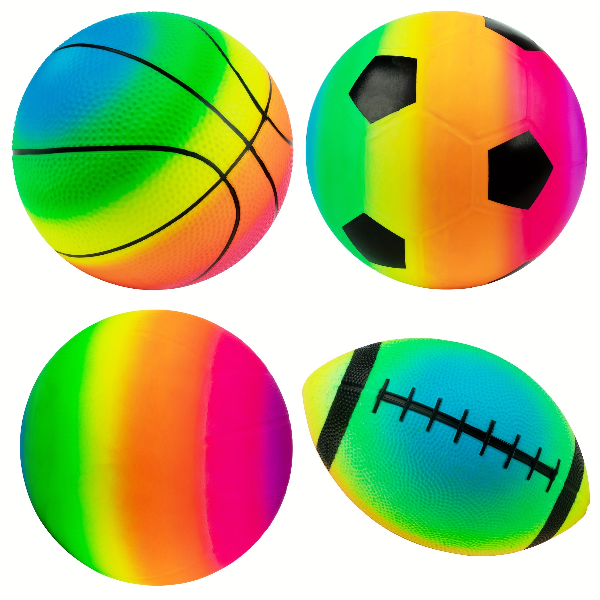 Homotte Rainbow Sports Ball Set of 4 with 8.5" Football, Basketball, Soccer Ball, and Volleyball, Inflatable PVC Multi-Sport Balls with Pump
