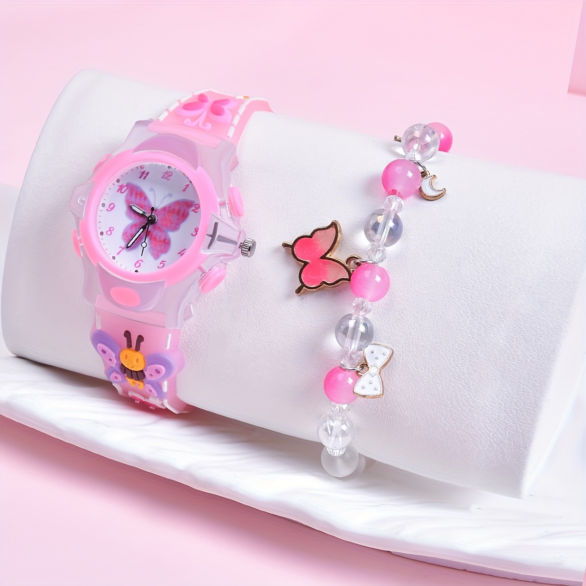 Image of 2pcs Girls' Cute 3d Watch & Bracelet - Quartz Wristwatch With Silicon, Multicolor Beads & Suitable For 3-14 Years
