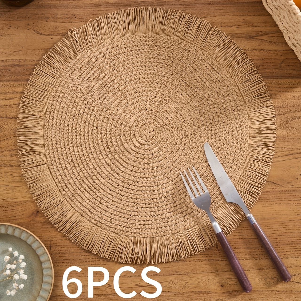 TEMU 6pcs Bohemian Style Placemats Solid Color With Tassel Easy Decorative Table Mats Bowl Plate Coasters Suitable For Restaurant Living Room Dining