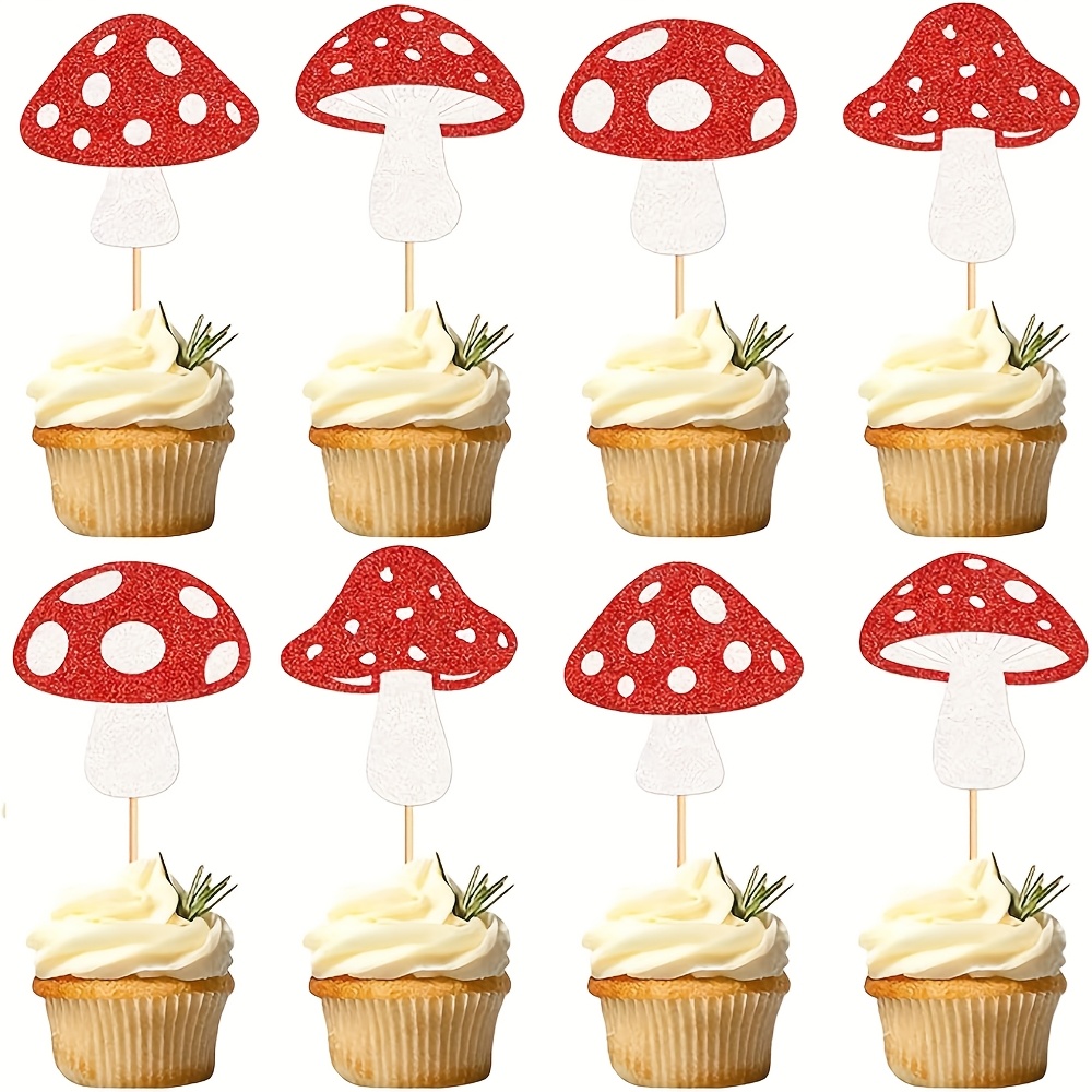 Image of 24pcs Red Mushroom Cupcake Toppers Red Mushroom Theme Cake Topper Happy Birthday Cake Toppers Decorations For Decor Supplies