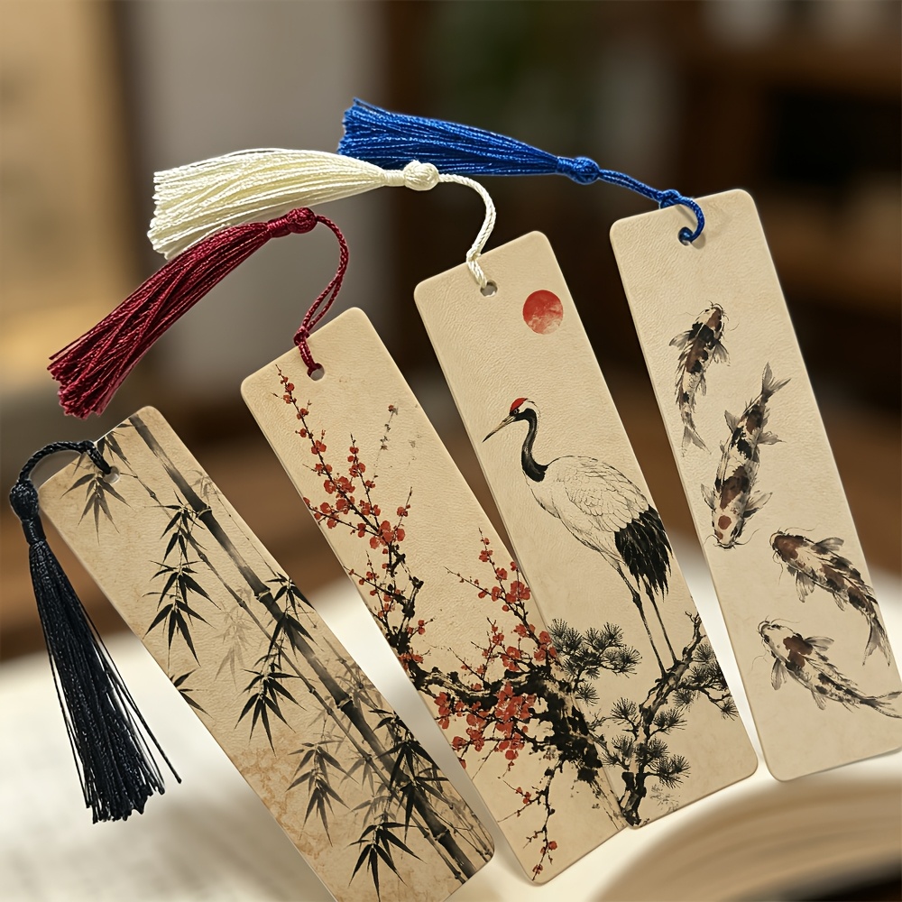TEMU Lot de 4 marque-pages en bambou, grue, fleur de prunier, style chinois, , , de peinture traditionnelle chinoise, marque-pages 2D imprimés en PU
