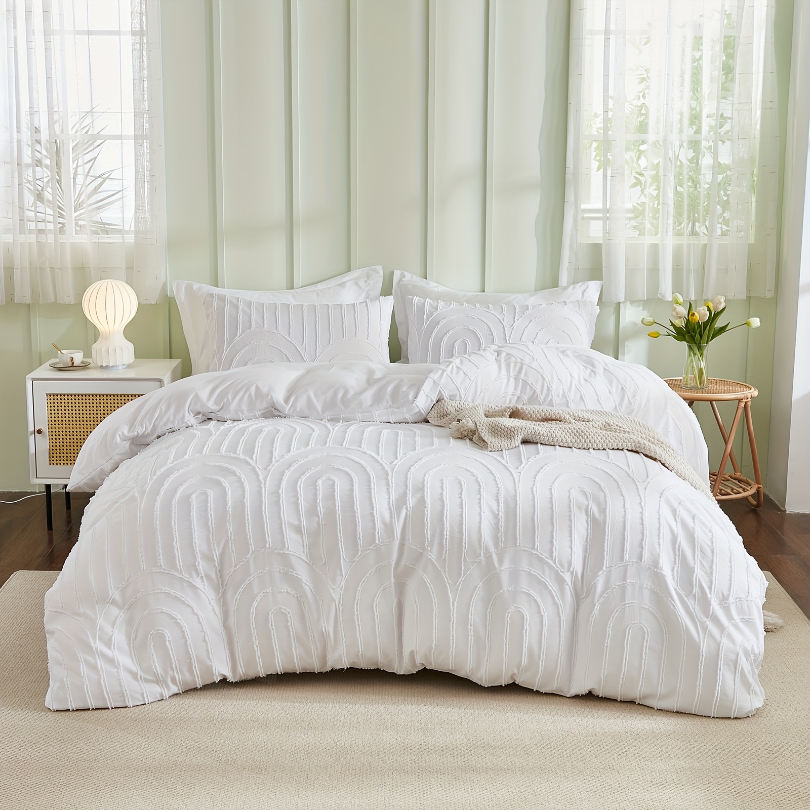 White Tufted Bedding Set Rainbow Embroidery Design Duvet Cover Set Solid Quilt Cover Set Super Soft Microfibre Bedding Set For Teens Boys Girls
