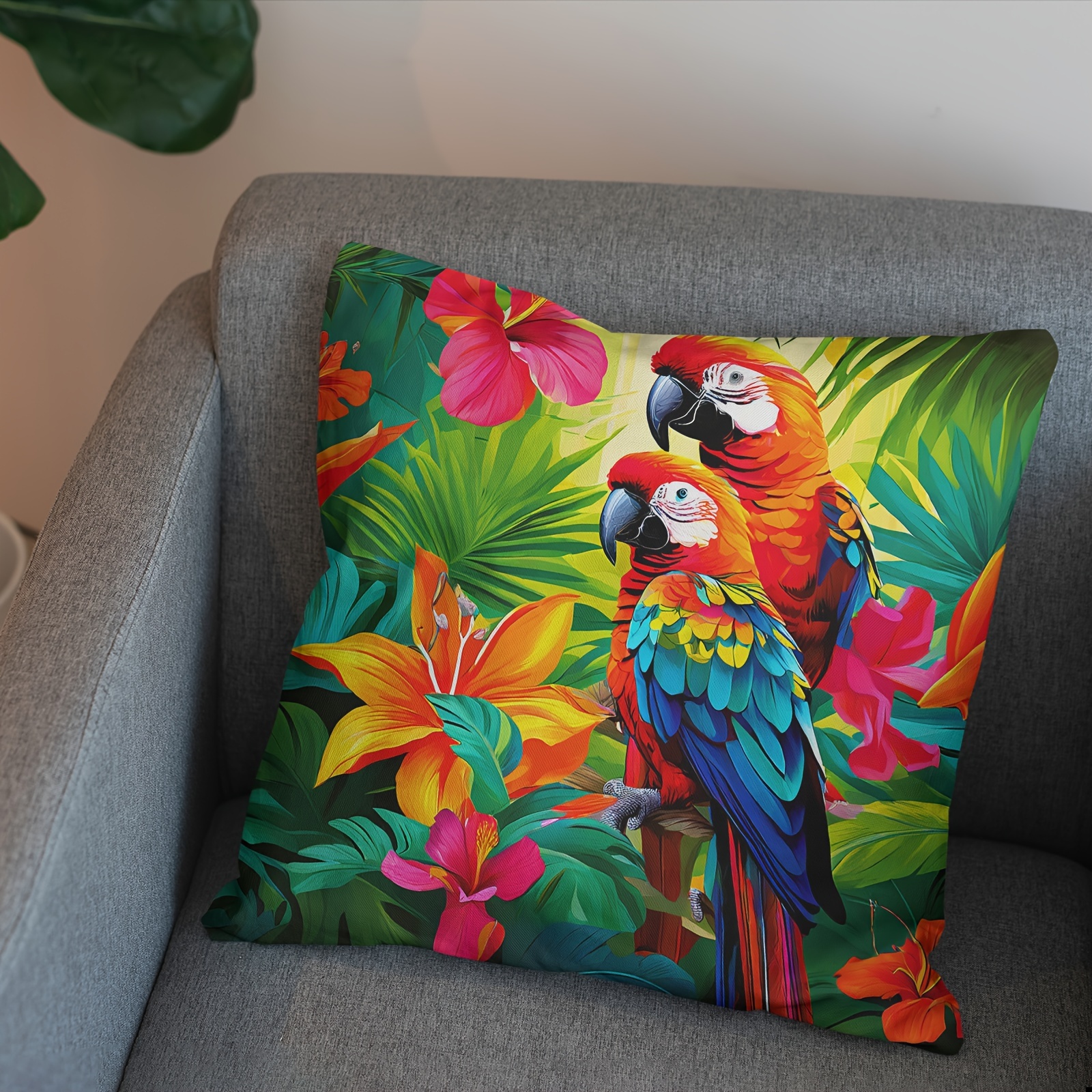 

Tropical Parrot Floral Outdoor Throw Pillow Cover, Country Rustic Style, Machine Washable Microfiber, Zipper Closure, Square Decorative Cushion Case For Home Sofa Bedroom - 18x18 Inch (1pc)