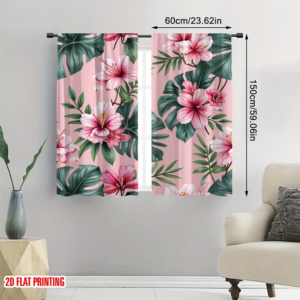 TEMU 2d Flat - 2d Flat - Set Of 2 Flat Printed Curtains Featuring And Palm Leaves, Made From Digital Printed Polyester, Ideal For Holiday Decor In