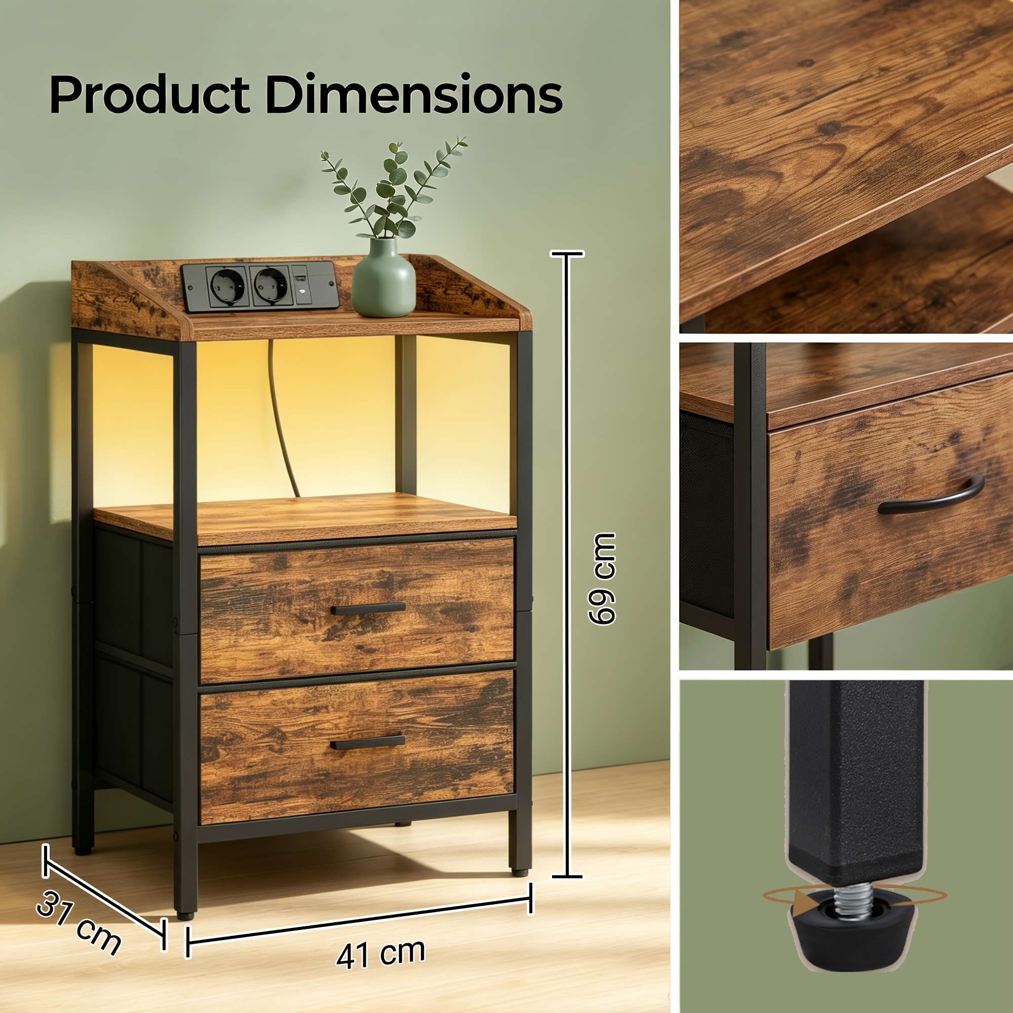 Image of Led Charging Bedside Cabinet, 1 Usb + 1 Type-c + 25-color Led Light + 2 Fabric Drawers, Suitable For Bedroom/living Room, Vintage Color And Black, 41×31×69cm