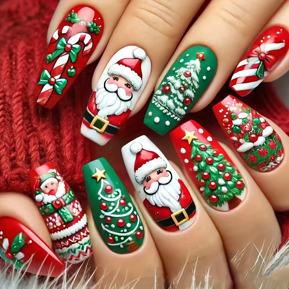 

24pcs Christmas Holiday Nail Wraps Set - Short Press-on Nails With Santa, Christmas Tree & Candy Cane Designs, , Patterns, Easy To Apply & Remove