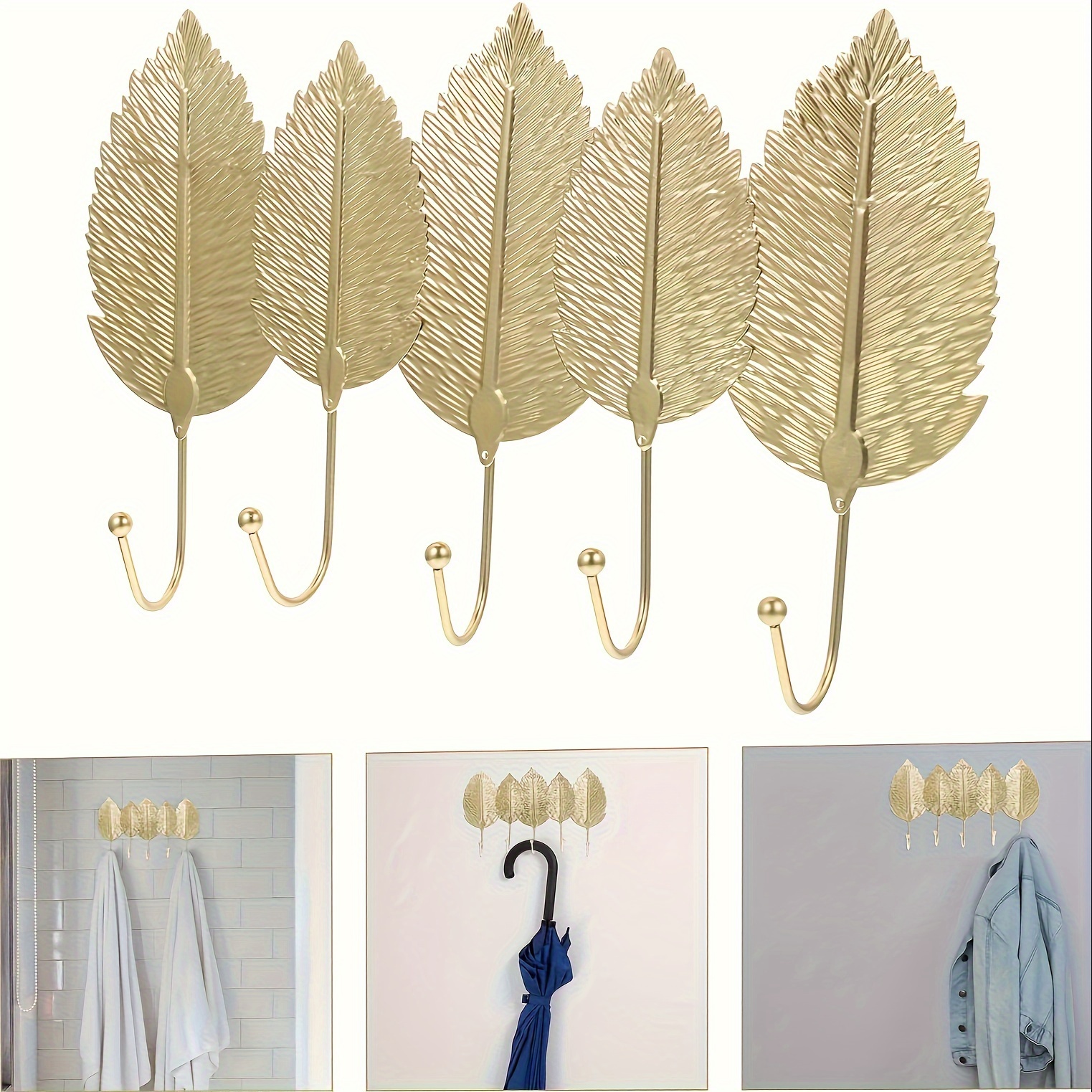 

1pc 5-leaf Gold Decorative Wall Hooks, Iron Forged Artistic Coat Rack, Leaf Shaped Towel Hanger, Vintage Decor Hat Hook For Home