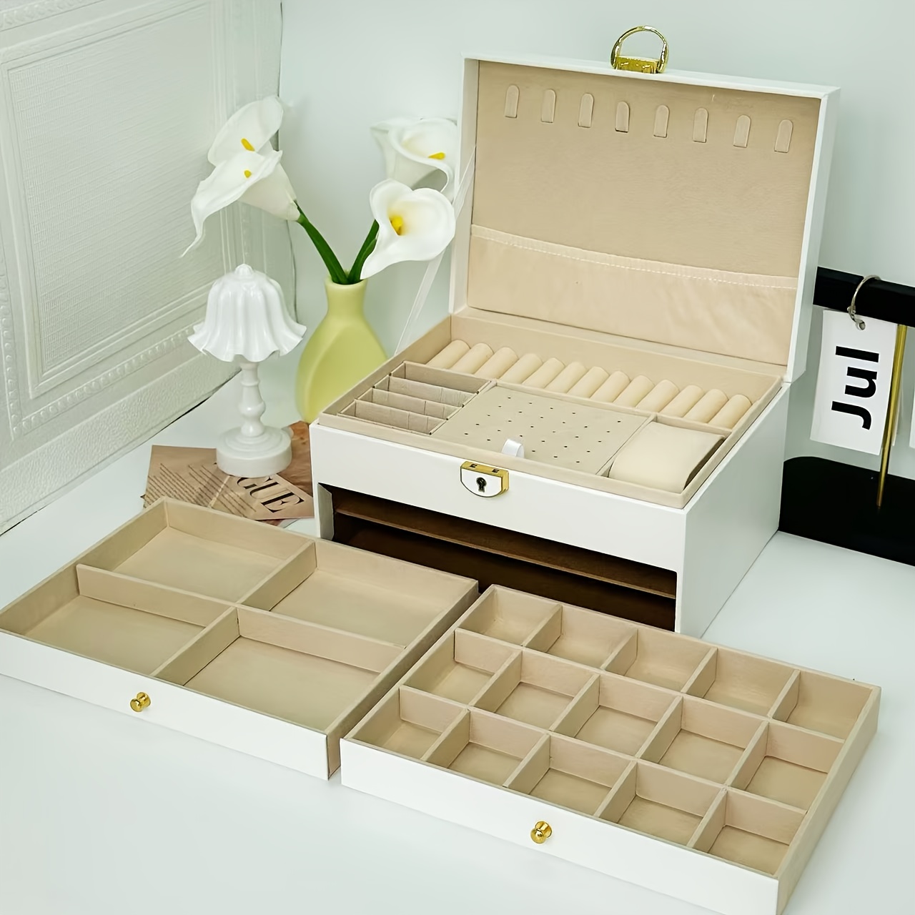 3 tier jewelry organizer box with soft fabric lining pink synthetic synthetic   leather storage for necklaces earrings rings and bracelets multi compartment design for easy organization jewelry box jewelry boxes Product details 1