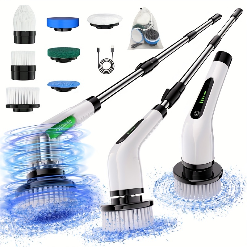 

:electric Rotary Scrubber Cordless Cleaning Brush With Display Battery Level, 7 Replaceable Heads, Dual Speed And Removable Retractable Handle For Kitchen Living Room Bathroom