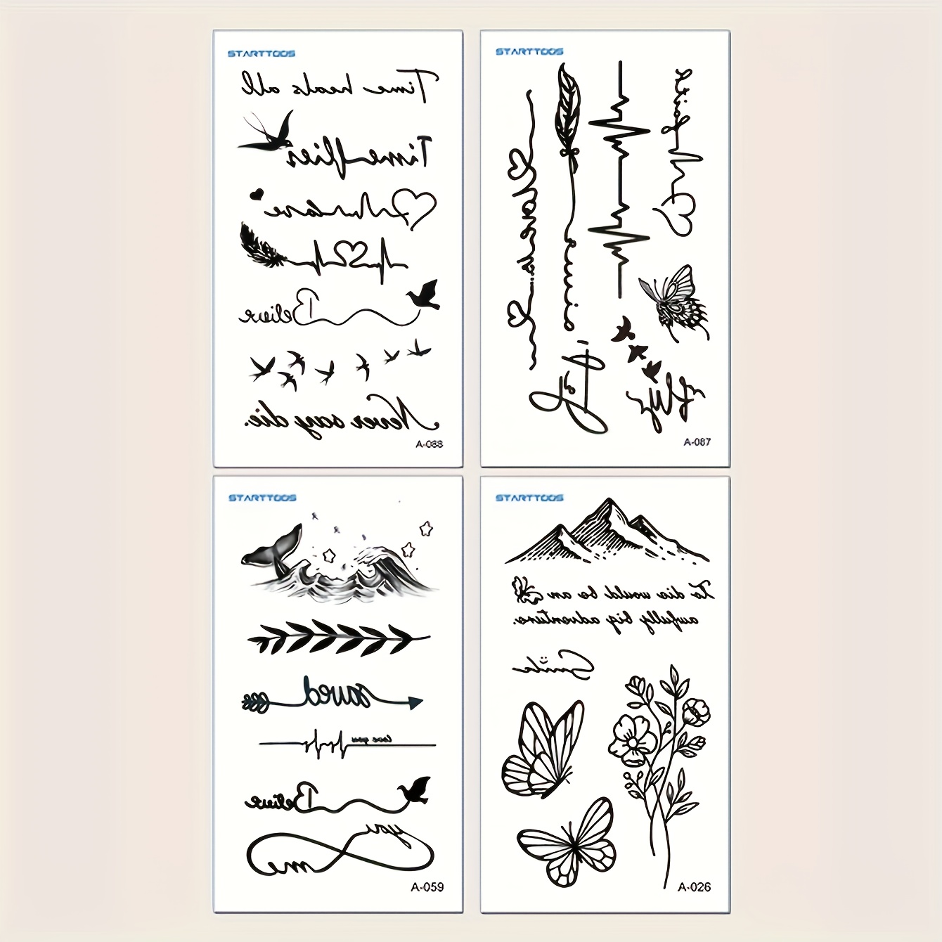 Starttoos 4-sheet Pack Heart Words Floral Design Finger Wrist Ear Post Collarbone Temporary Tattoo Stickers Lasting 3-5 Days For Small Body Parts