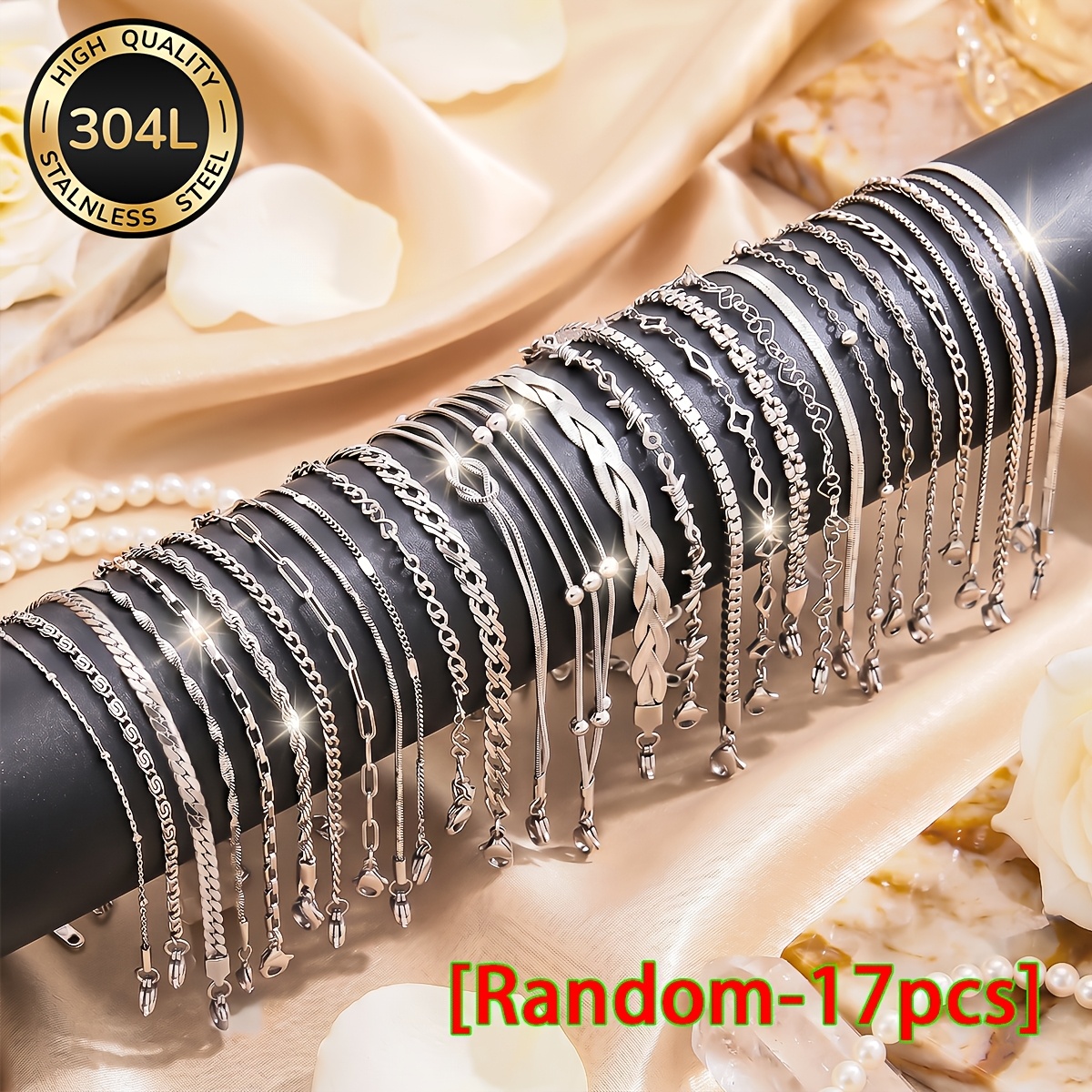 TEMU 17pcs [random] Women's Fashion Stainless Steel Bracelet, Fashionable, Elegant, Luxurious, Non Fading Women's Jewelry Set, Suitable For Daily And