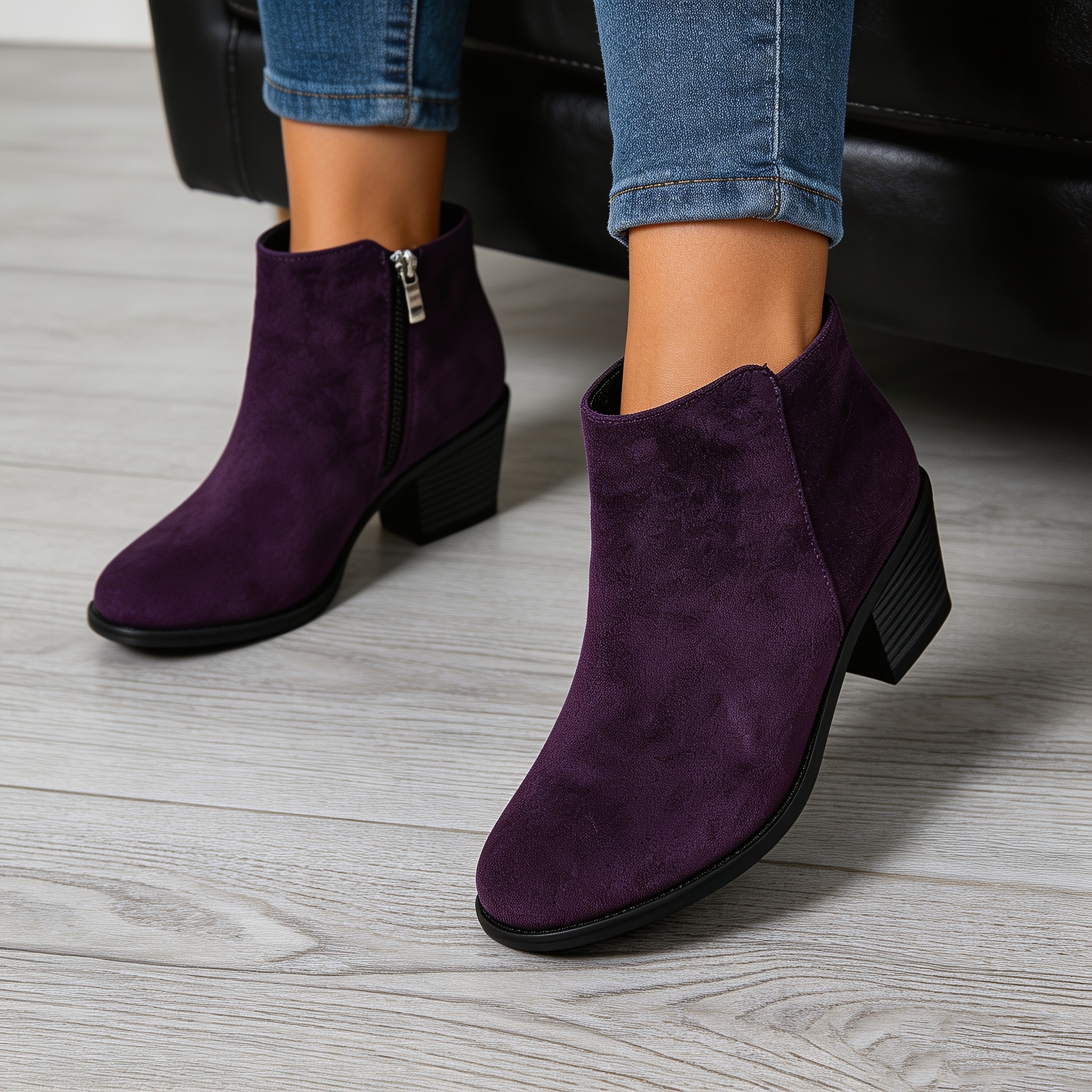 TEMU Vintage Boots, Women's &elegant Boots, Low Boots, Women's Boots, Women's Ankle Boots, Solid Color Minimalist Ankle Boots, Puple Color Fabric