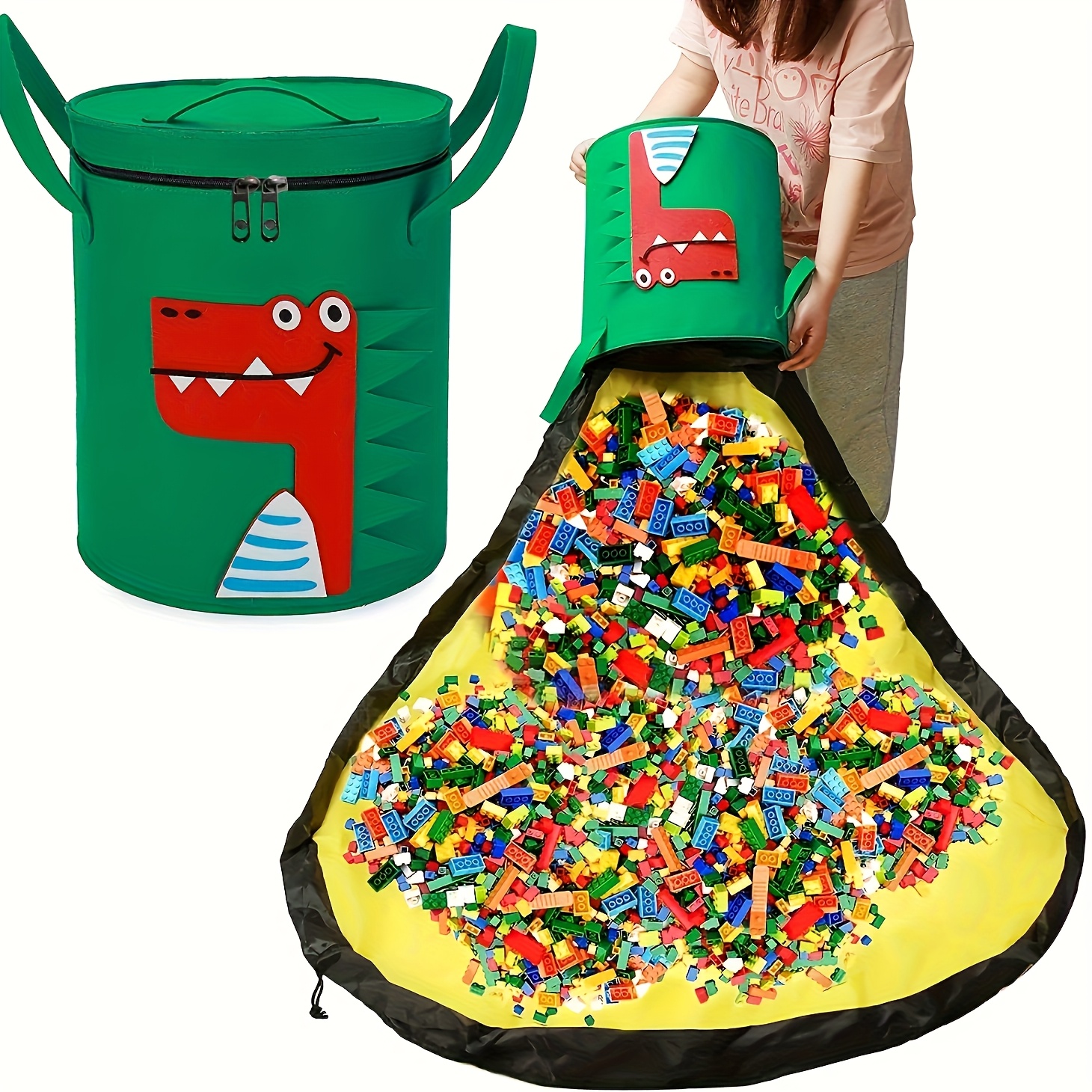 Large Green Felt Storage Bag with Dinosaur Pattern Game Mat
