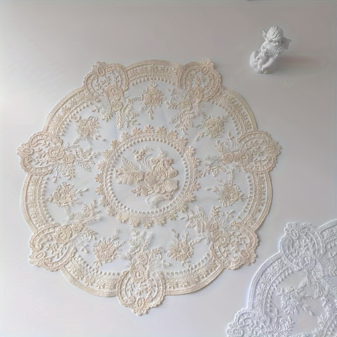 Image of 2pcs, Round Lace Placemats, Hollow Out Design Woven Coffee Table Pad, Desktop Tea Coaster, Heat Insulation Table Mat, Vintage Bedside Cabinet Decoration, Room Decor