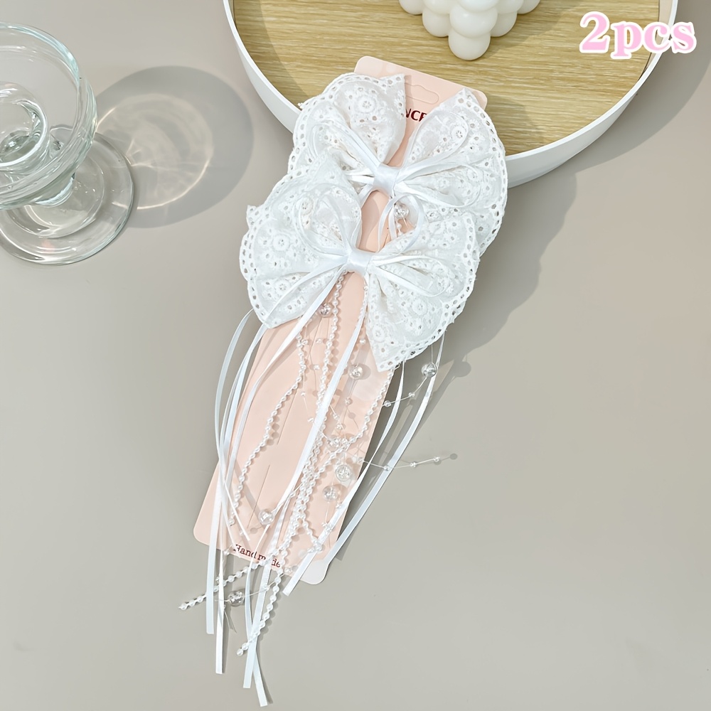 TEMU 2pcs Tassel Bow Hair Clips Elegant Solid Color Embroidered Bow Hairpins All Season Style For Daily Wear Cute Hair Barrettes For Gift Decorative