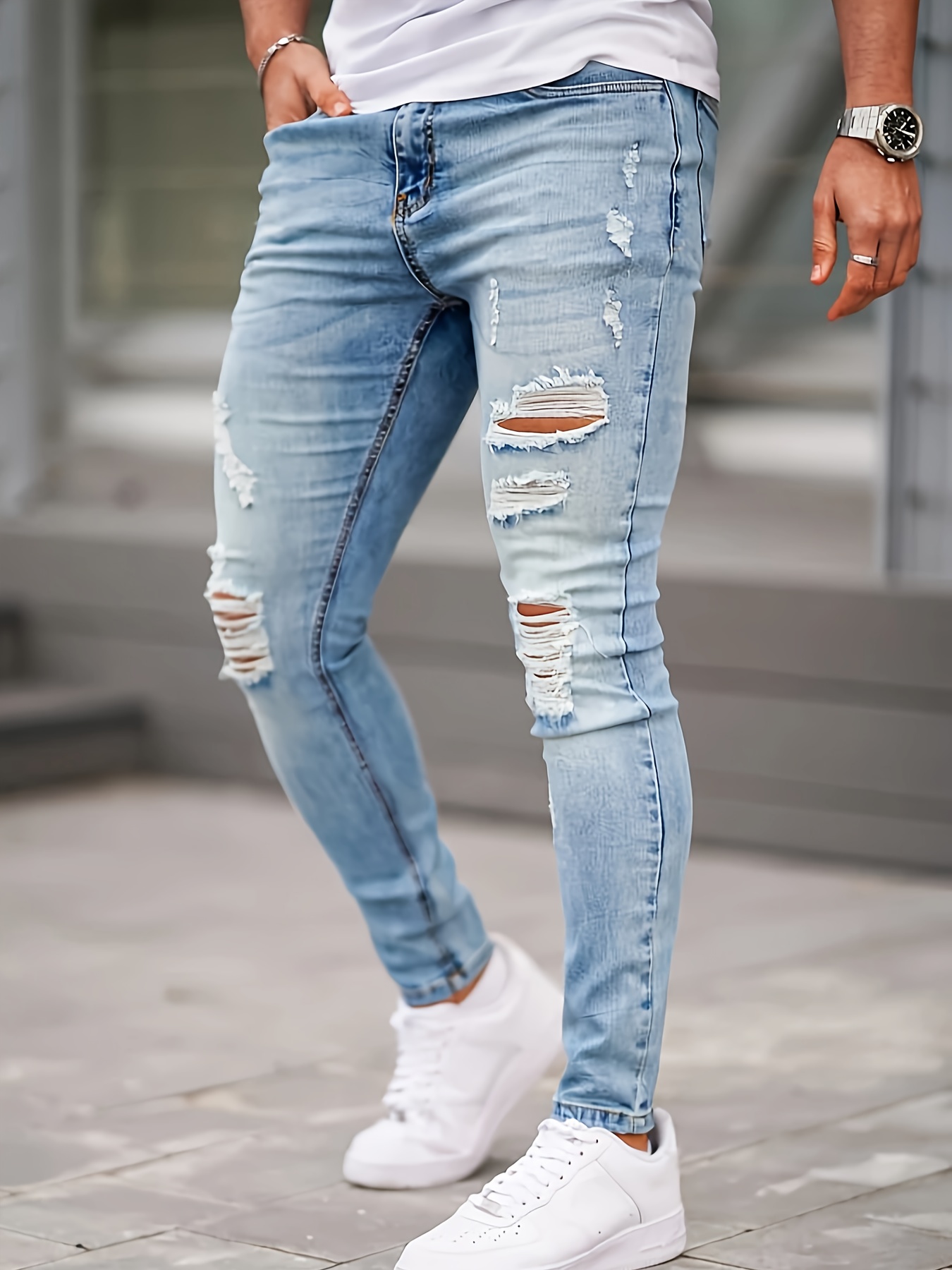 mens distressed skinny jeans light blue ripped knee thigh Temu Oman