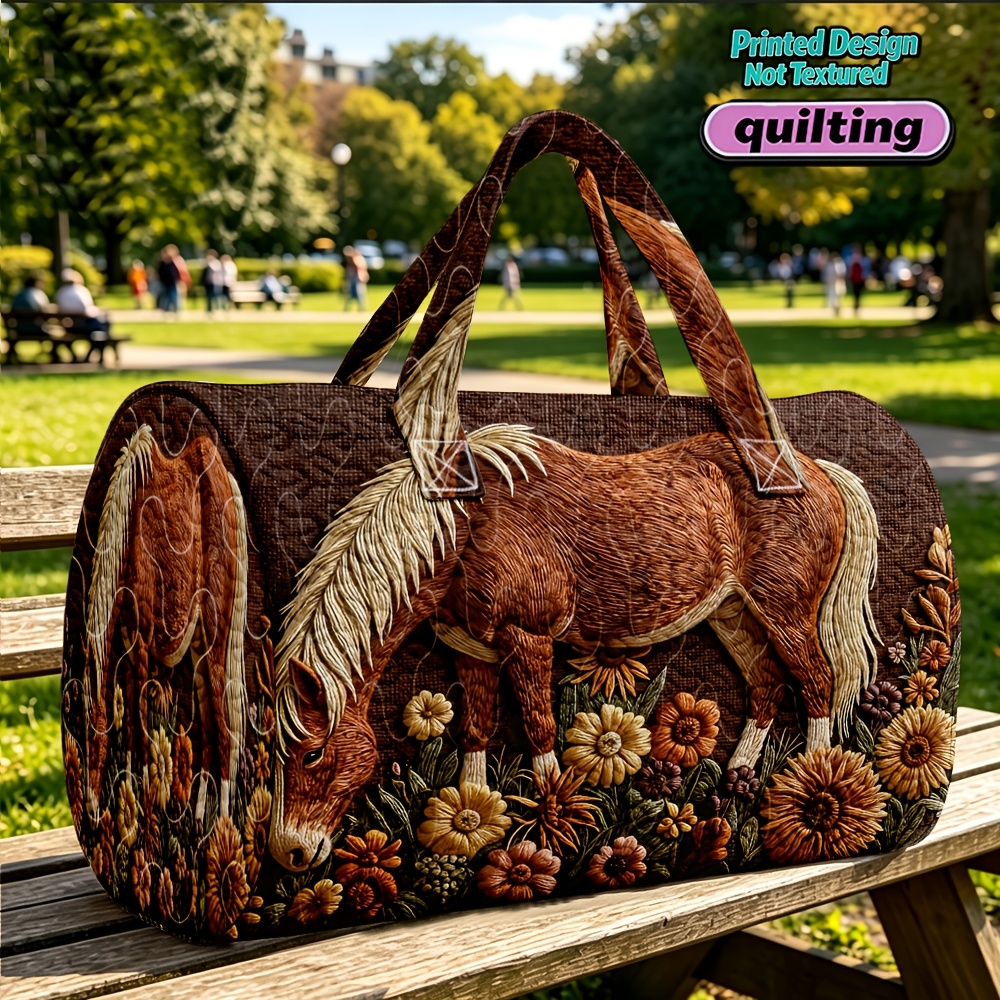 TEMU 1pc Women' Equestrian Wild West Tote Handbag With Horse & Sunflower Print, Brown Rustic Round, Zipper Closure & Machine Washable Suitable For