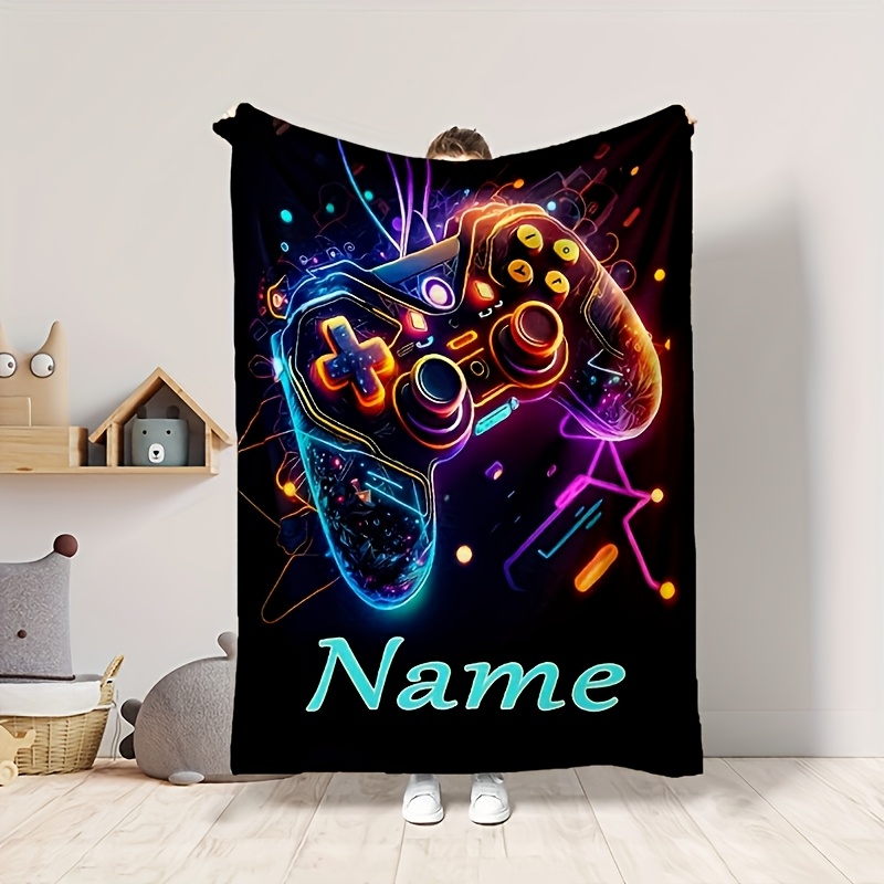 TEMU 1pc Customizable Gamer Controller Flannel Throw Blanket - Soft Cozy , Vibrant Neon Gaming Design With Stars & Planets, Personalized Name Option