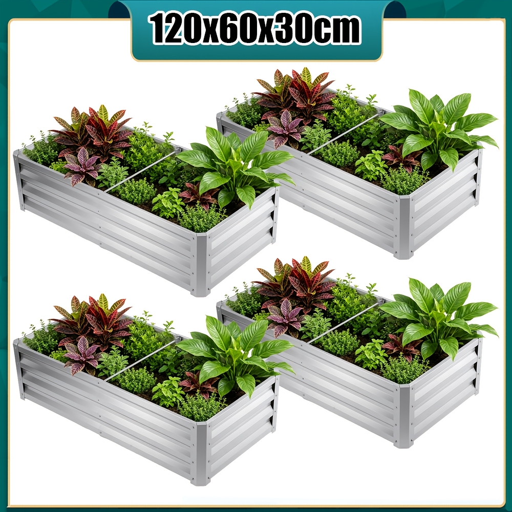 4pcs Raised Garden Bed Kit, Silvery 4x2x1ft Rectangular, Steel Outdoor Bottomless Planting Bed With Multiple Components For Vegetables, Flowers, Herbs, Fruit