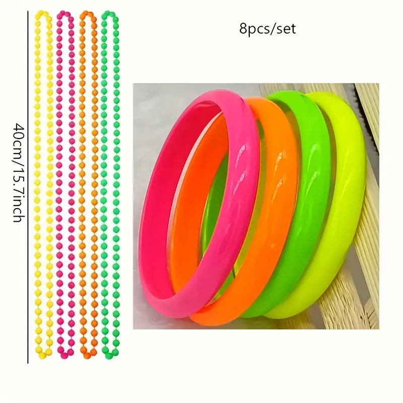 E-shop 8 Stück 80er Neon-Kleidungszubehör, Party-Neon-Armbänder und Perlenketten aus Kunststoff, Deko für 80er & 90er Geburtstagsfeiern