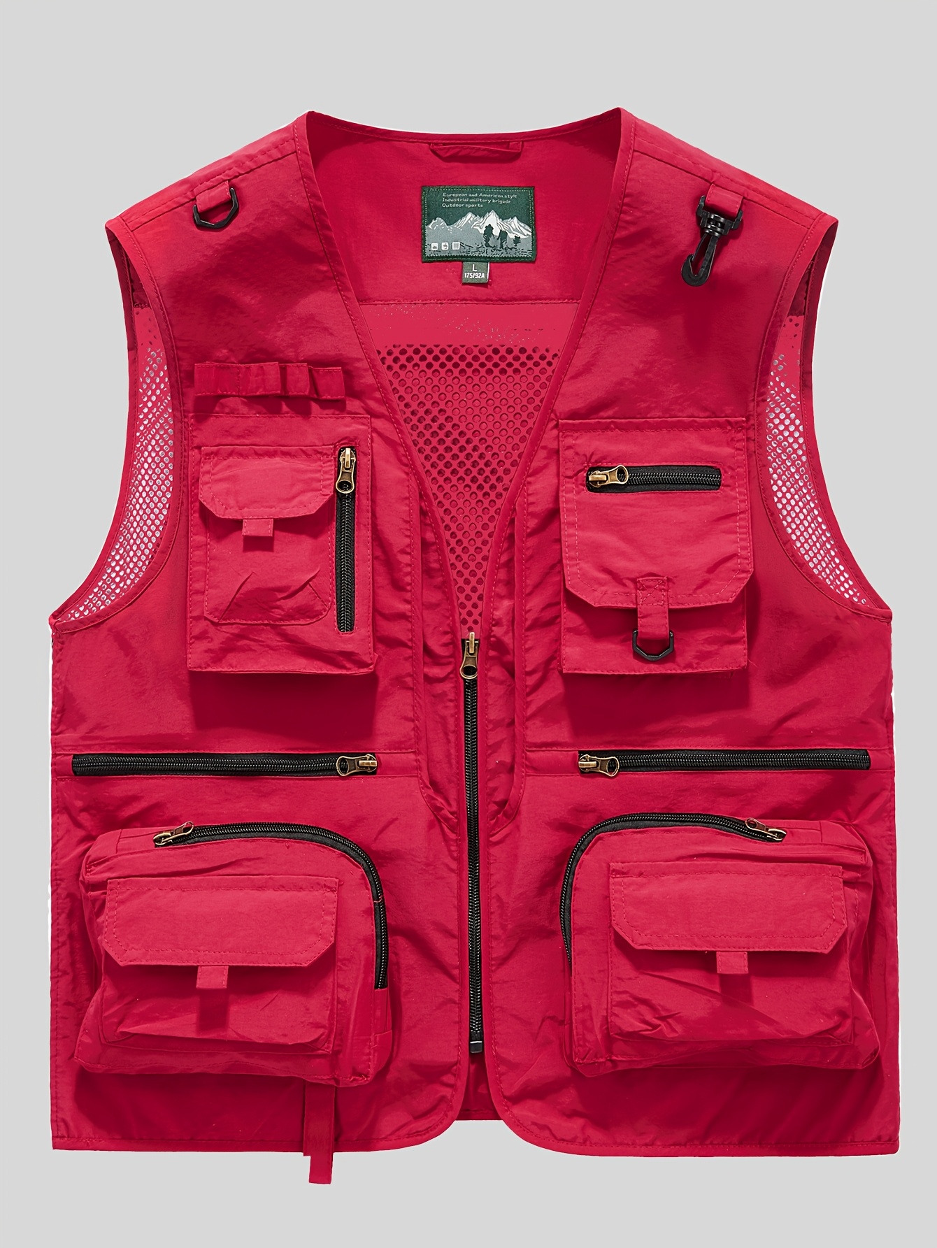 Versatile *'s Red Nylon Vest Sleeveless, Zip-Up Outdoor Fishing  Utility Jacket with Mesh Pockets, Durable Machine Washable, Fishing