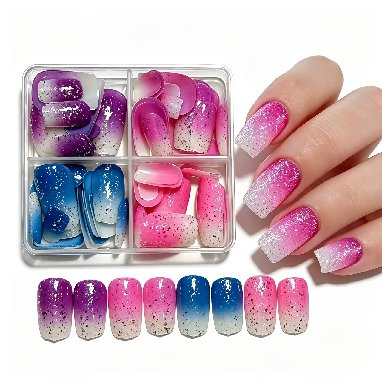 TEMU Lot de 96 faux ongles carrés à pression avec paillettes dégradées mélangées 4 couleurs, pointes d'ongles brillantes avec base dégradée violette,