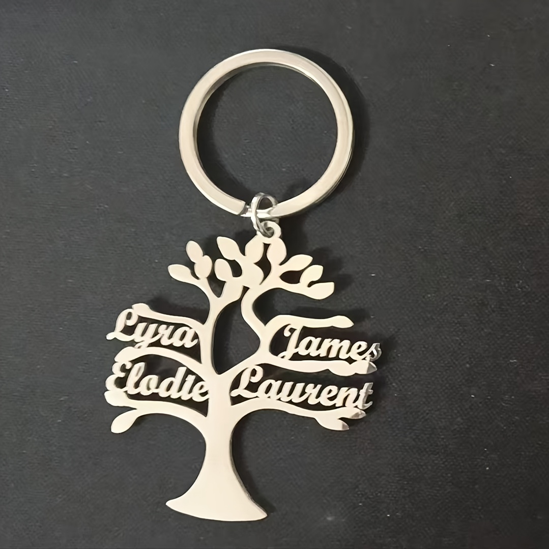 TEMU Personalized 201 Stainless Steel Family Tree Keychain - Custom Engravable With Names & Dates, Elegant Tree Of With Branches & Leaves, Durable